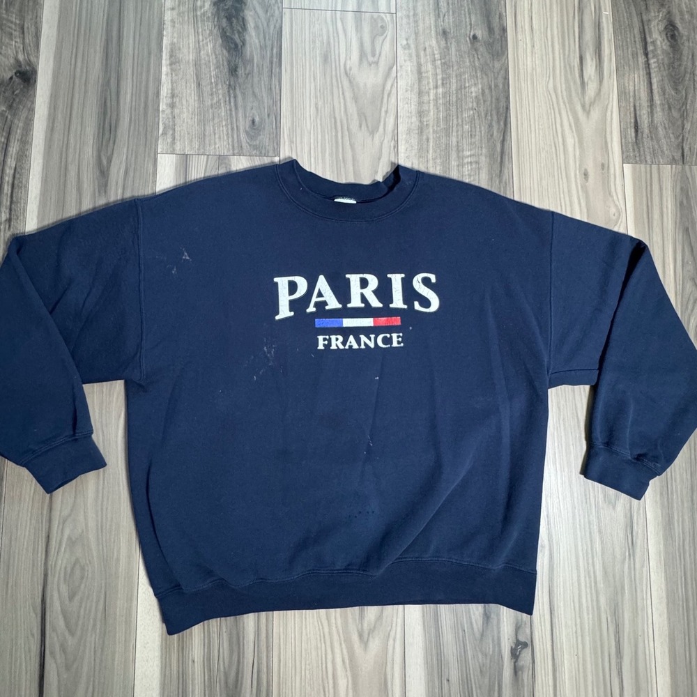 Gildan Heavy Blend Paris France Sweatshirt Navy Blue Crewneck XL Distressed